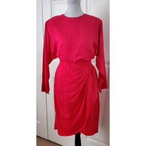 Argenti VTG Womens Fuchsia Long Sleeve Blouse/Ruched Silk Skirt Suit  Sz 8